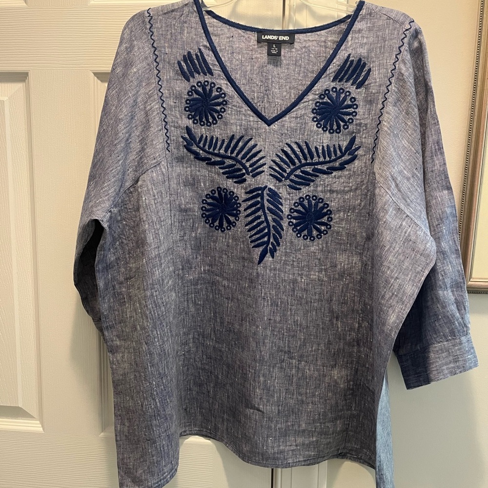Lands' End blue boxy 100% linen embroidered Blouse/tunic